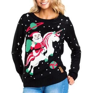 Tipsy Elves Womens Black Ugly Christmas Sweater Santa Unicorn NEW